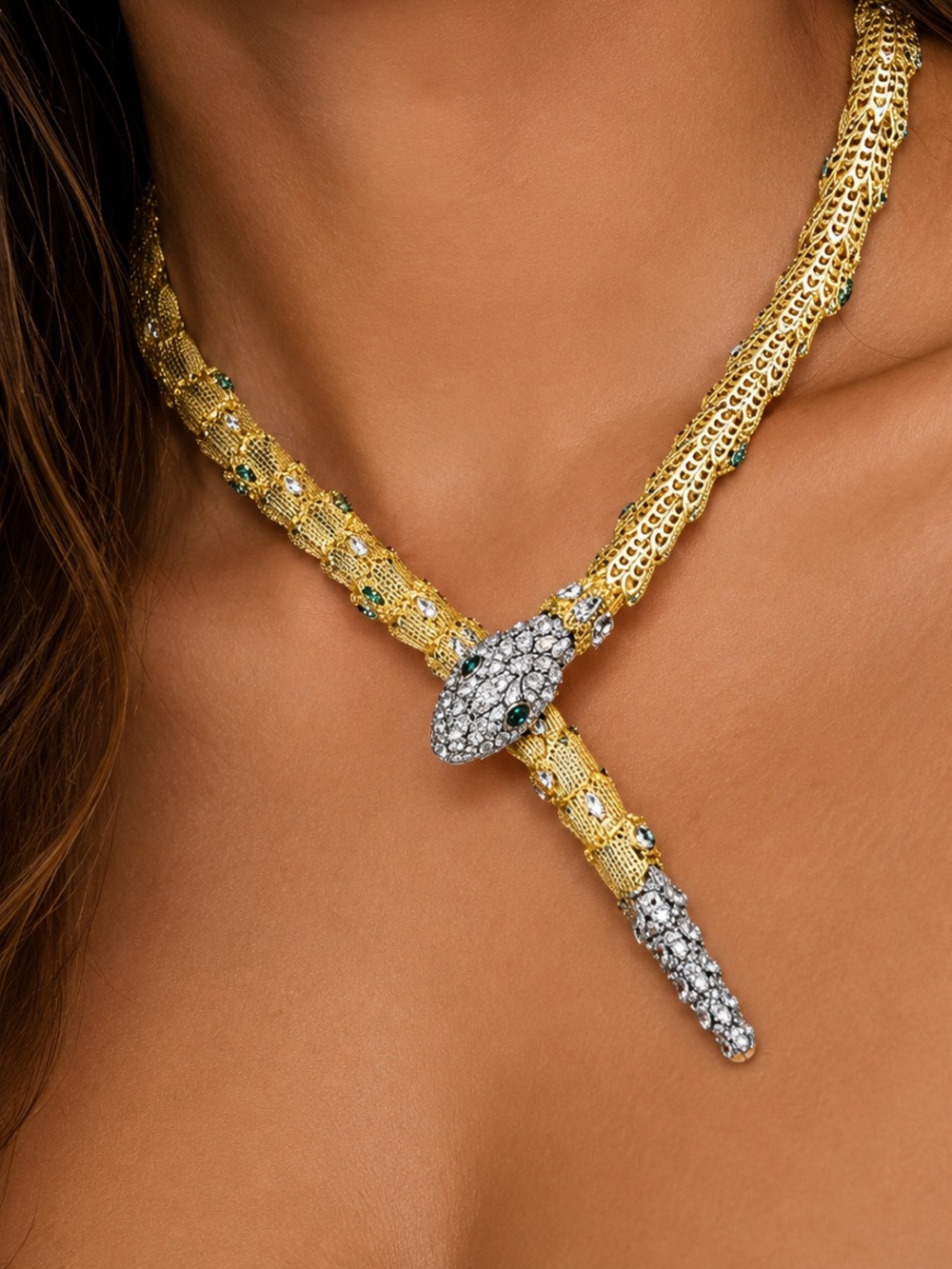 Gold & Silver Snake Necklace – Rhinestone Serpent Statement Choker